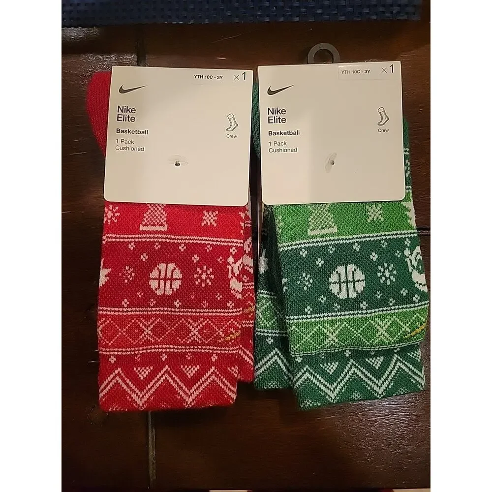 Christmas 2 Pairs Nike Elite Socks Youth 10C-3Y Red And Green Crew Basketball
